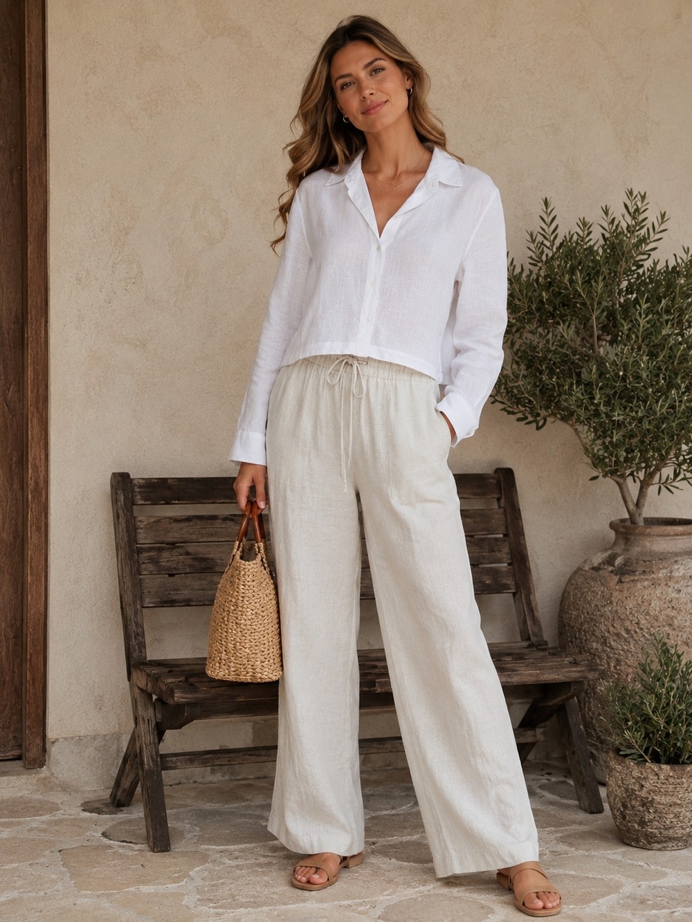 Joe  100% Linen White Cropped Button Front Shirt Women's Large L Long Sleeve